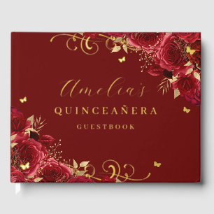 Libro De Visitas Red Rose Floral Gold Swirl Quinceanera