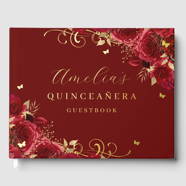 Libro De Visitas Red Rose Floral Gold Swirl Quinceanera (Anverso)