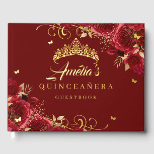 Libro De Visitas Red Rose Floral Swirl Quinceanera Gold