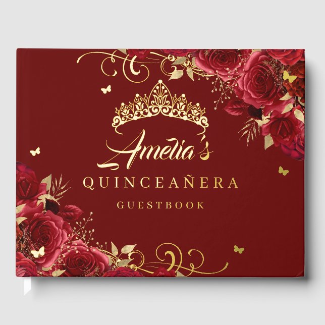 Libro De Visitas Red Rose Floral Swirl Quinceanera Gold (Anverso)
