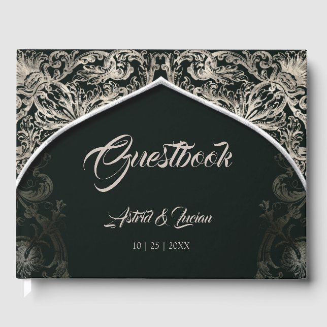 Libro De Visitas Regal Silver Flourish Hunter Green Boda (Anverso)