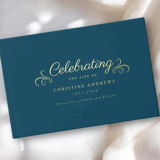 Libro De Visitas Relieve metalizado conmemorativo "Celebración de l (Personalized, Memorial "Celebration of life" Foil, Blue Foil Guest Book.)