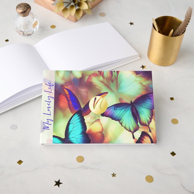 Libro De Visitas Relieve metalizado de mariposa Monograma álbum de  (Anverso Abierto)