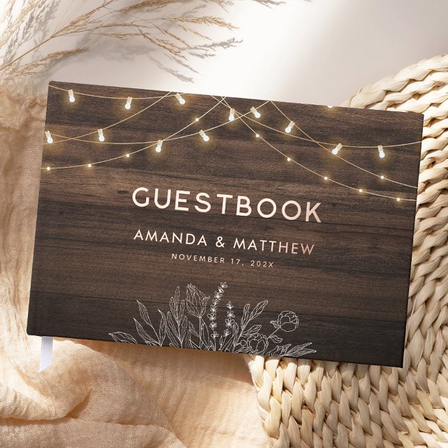 Libro De Visitas Relieve metalizado dorado Boda de Rustic Wood Stri (Rustic Wood String Lights Wedding Gold Foil Foil Guest Book)