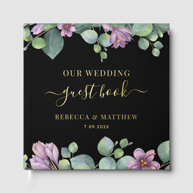Libro De Visitas Relieve metalizado dorado Boda púrpura Eucalyptus  (Anverso)