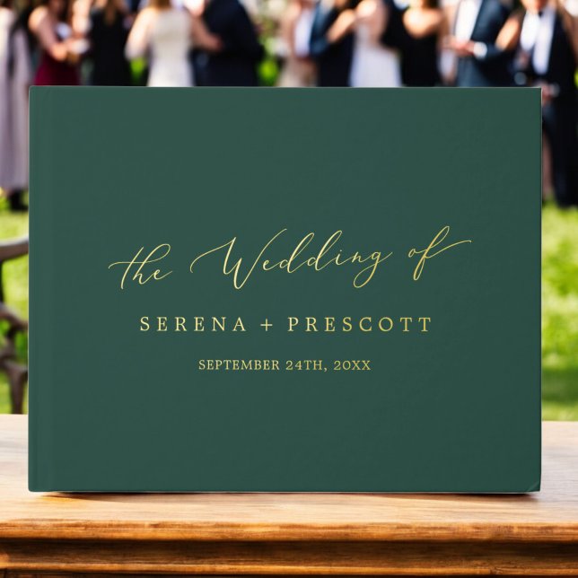 Libro De Visitas Relieve metalizado dorado Delicado y Monograma Ver (Delicate Gold Foil and Green Monogram Back Wedding Foil Guest Book)