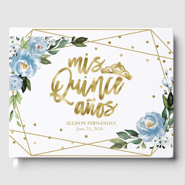 Libro De Visitas Relieve metalizado dorado Dusty Blue Floral Quince (Anverso)