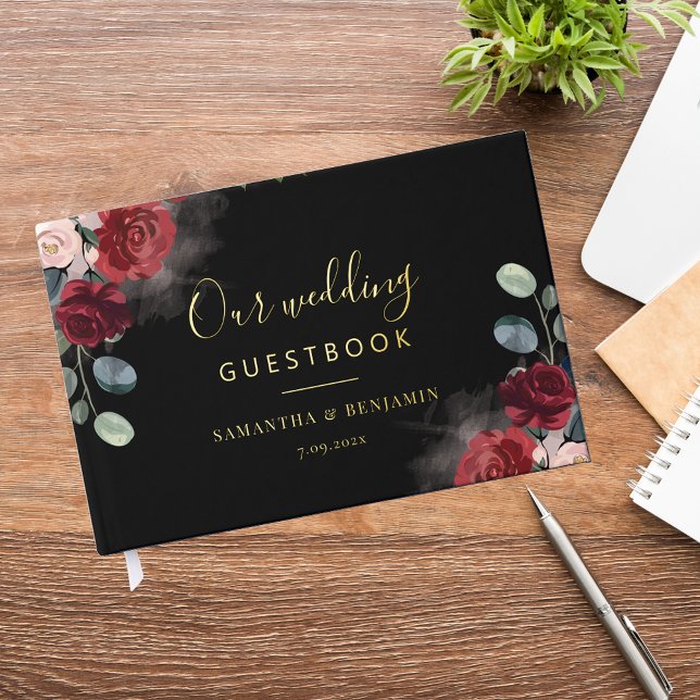 Libro De Visitas Relieve metalizado dorado Floral Burgundy Watercol (Burgundy Floral Watercolor Gold Foil Wedding Guest Book)