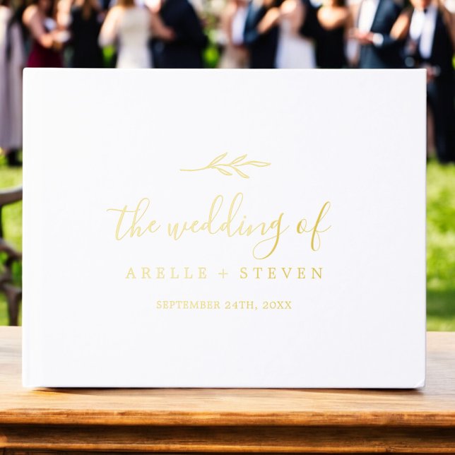 Libro De Visitas Relieve metalizado dorado mínimo de la hoja Monogr (Minimal Leaf Gold Foil Monogram Back Wedding Foil Guest Book)