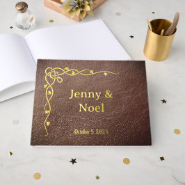 Libro De Visitas Relieve metalizado dorado Personalizado Y Cuero Fa