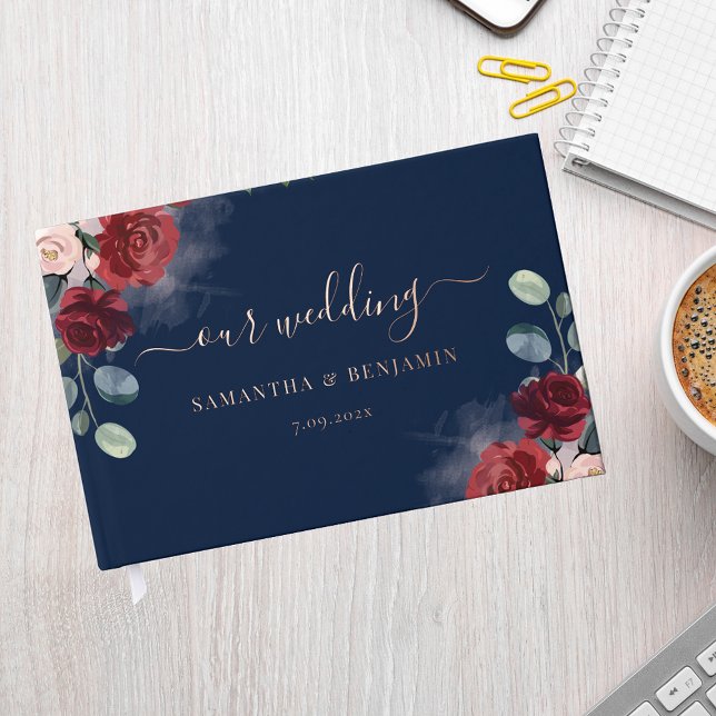 Libro De Visitas Relieve metalizado dorado Rosa de Boda Floral Borg (Burgundy Floral Watercolor Gold Foil Wedding Guest Book)