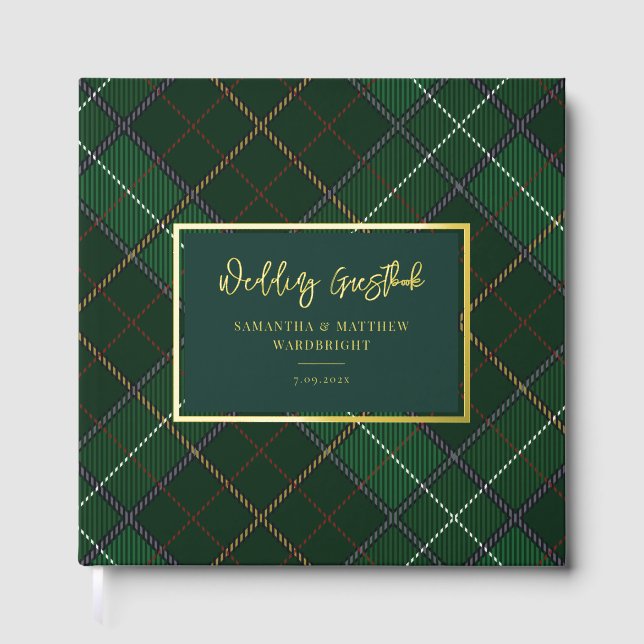 Libro De Visitas Relieve metalizado dorado Rústico Tartán Boda (Anverso)