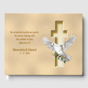 Libro De Visitas Relieve metalizado Dove Cross Gold Faux Boda