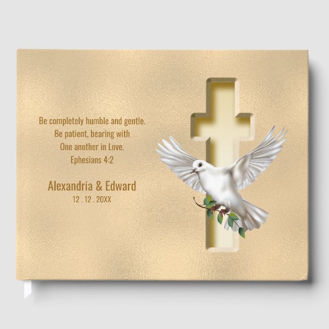 Libro De Visitas Relieve metalizado Dove Cross Gold Faux Boda (Anverso)