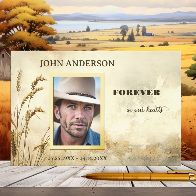 Libro De Visitas Relieve metalizado Real de Fotografía del País del (Memorial guest book showing a custom photo framed by real gold foil on a country design with wheat.)