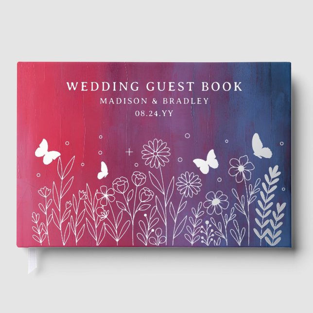 Libro De Visitas Relieve metalizado Real Elegante Boda Floral Azul  (Anverso)