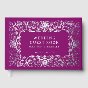 Libro De Visitas Relieve metalizado real Vintage Floral Purple Silv