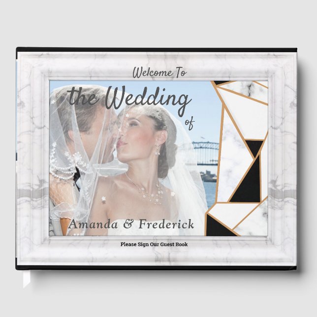 Libro De Visitas Resumen moderno de oro negro sobre mármol blanco (Anverso)