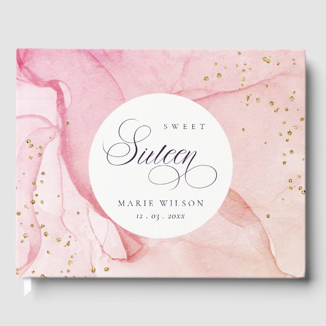 Libro De Visitas Resumen Pastel Púrpura Rosa Dulce 16 Cumpleaños (Anverso)