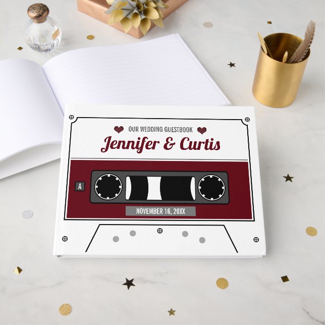 Libro De Visitas Retro Cassette Tape Wine Red Boda (Anverso Abierto)