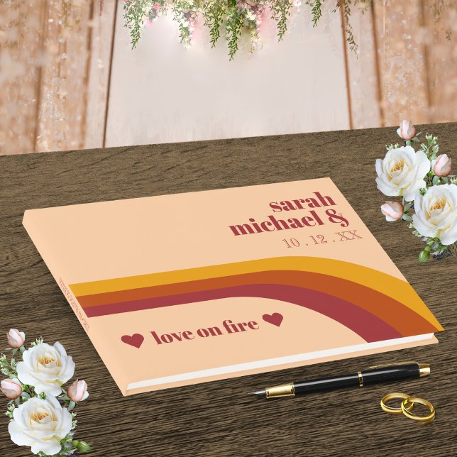 Libro De Visitas Retro Curvado Stripe Love en Fire Wedding Favor (Retro Curved Stripe Love on Fire Wedding Favor Guest Book)