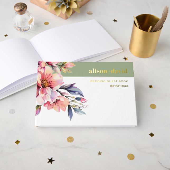 Libro De Visitas Rhododendron rama flores rosa melocotón boda (Anverso Abierto)