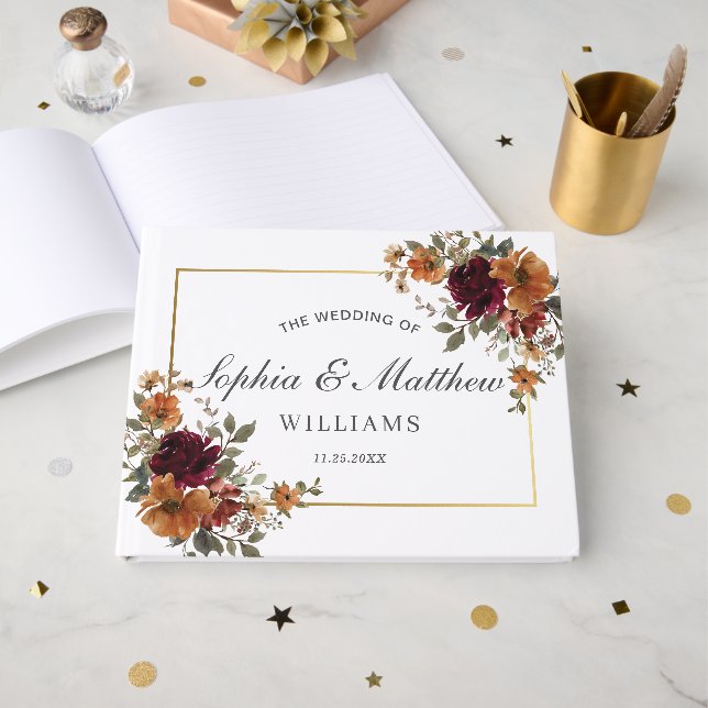 Libro De Visitas Rich Burgundy Rust Burnt Orange Floral Wedding (Anverso Abierto)