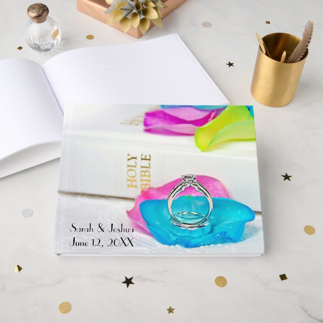 Libro De Visitas Rings On Rainbow Rose Petal with Bible (Anverso Abierto)