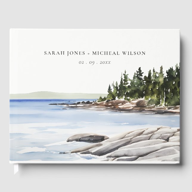 Libro De Visitas Rocky Pine Watercolor Seascape Boda (Anverso)