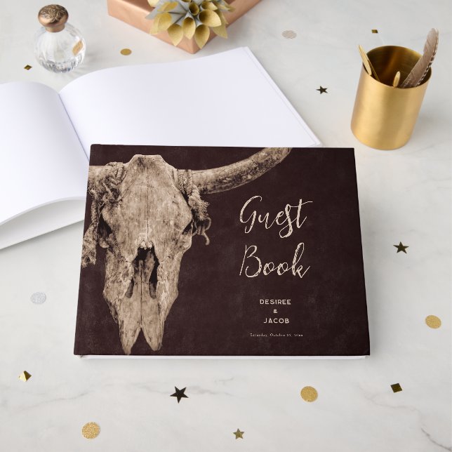 Libro De Visitas Rodeo de campo Oeste Brown Bull Skull (Anverso Abierto)