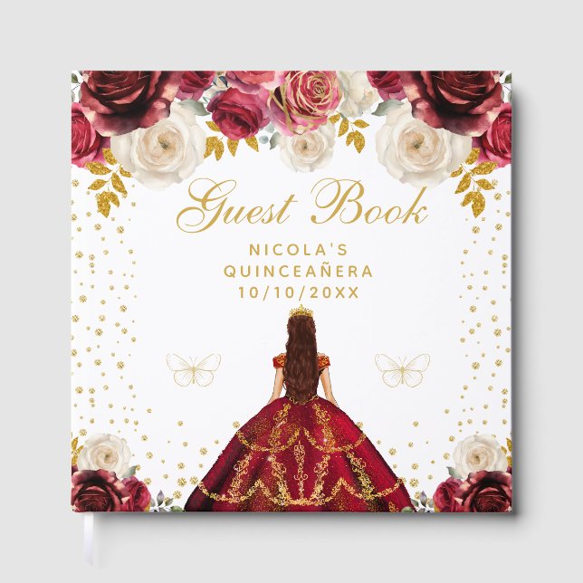 Libro De Visitas Roja Princesa Floral Quinceañera (Anverso)