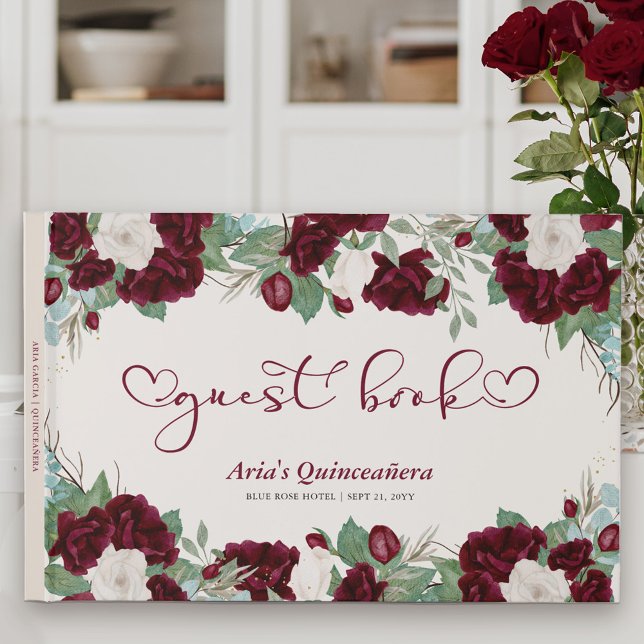 Libro De Visitas Rojo Borgoña Real con caligrafía elegante (Floral Guest Book with sweet calligraphy to personalize for Quinceanera or other special event)