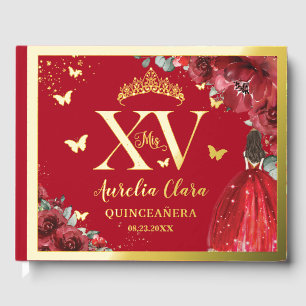 Libro De Visitas Rojo Floral Princesa Vestido Quinceañera Quince Go