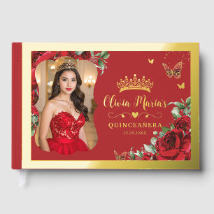 Libro De Visitas Rojo Floral Quinceanera Cumpleaños 16 Foto Dulce