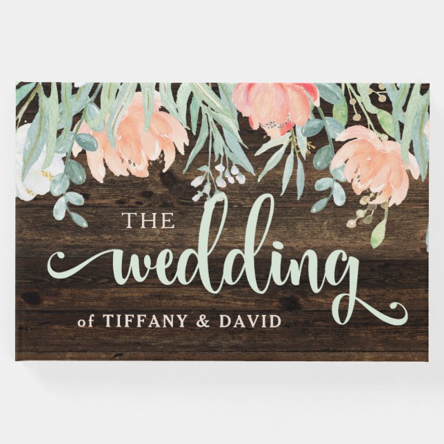 Libro De Visitas Romance floral rústico | Madera y acuarela (Anverso)