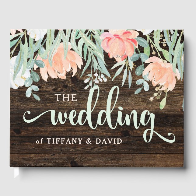 Libro De Visitas Romance floral rústico | Madera y acuarela (Anverso)