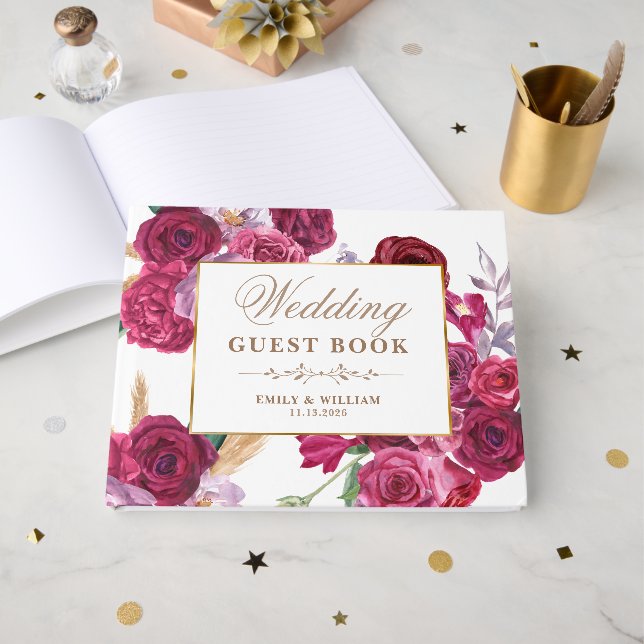 Libro De Visitas Romantic Dark Moody Burgundy Maroon Floral Wedding (Anverso Abierto)