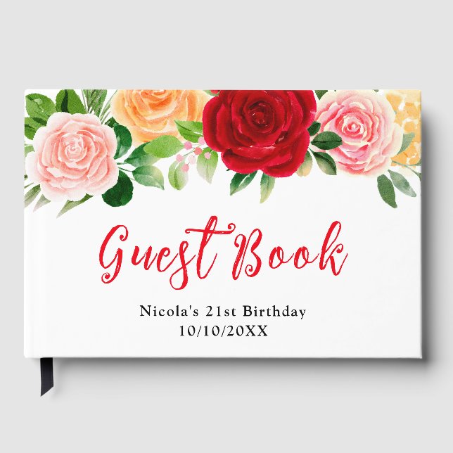 Libro De Visitas Romantic Red and Orange Roses Birthday  (Anverso)