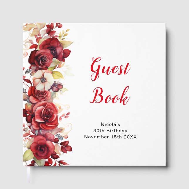Libro De Visitas Romantic Red Roses Floral Birthday Party (Anverso)