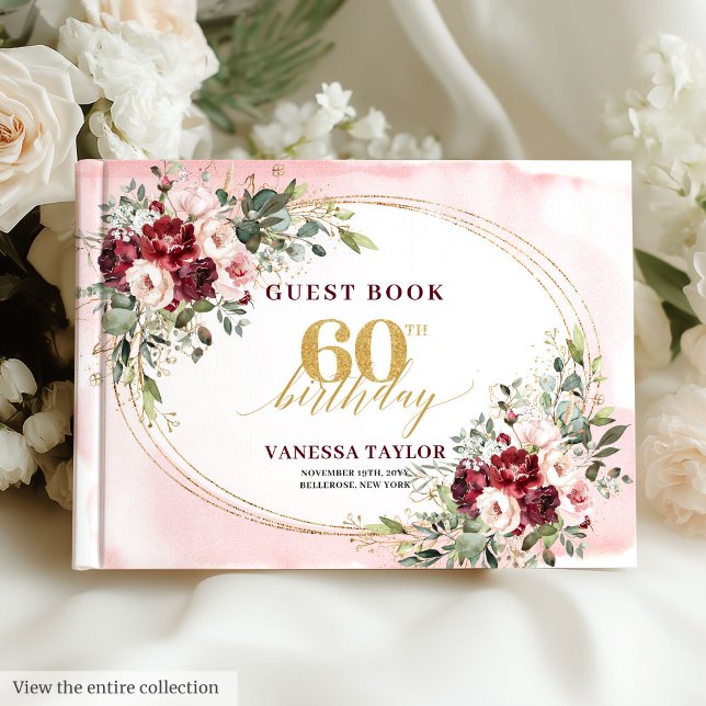 Libro De Visitas Romántico Acuarela Boho Marsala Dorado 60 Cumpleañ (Romantic Watercolor Boho Marsala Gold 60 Birthday Guest Book)