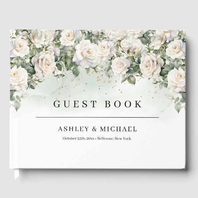 Libro De Visitas Romántico boda de rosas blancas y verdes (Anverso)