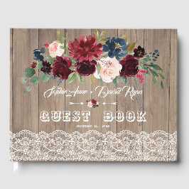 Libro De Visitas Romántico Burgundy Rubor Flores Lace Wood Boda