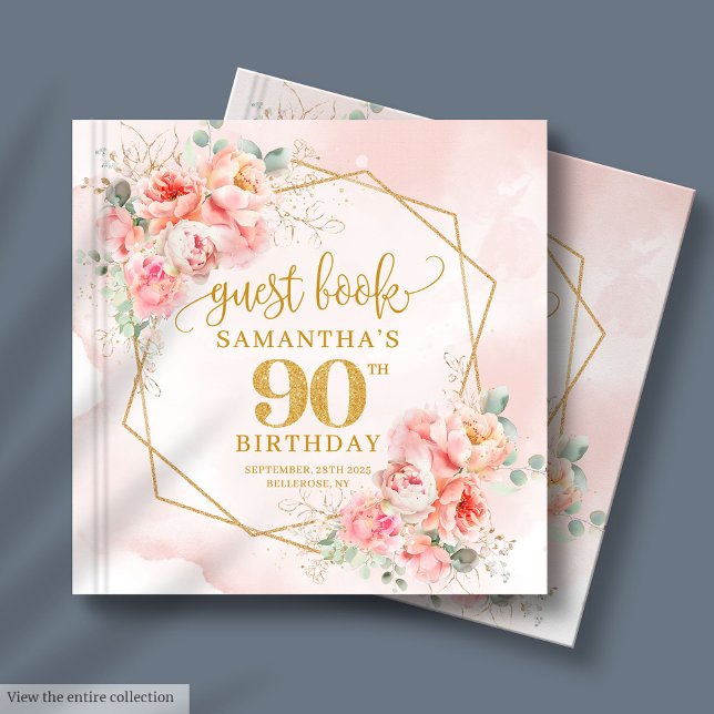 Libro De Visitas Romántico Pastel de Oro Rosa Peonies 90º cumpleaño (Romantic Pastel Pink Gold Peonies 90th Birthday Guest Book)