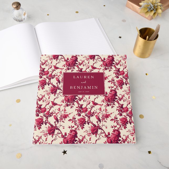 Libro De Visitas Romántico Rojo Floral Aves (Anverso Abierto)