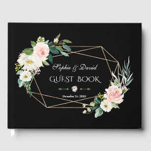 Libro De Visitas Romántico Rubor Flores marco dorado Boda negro