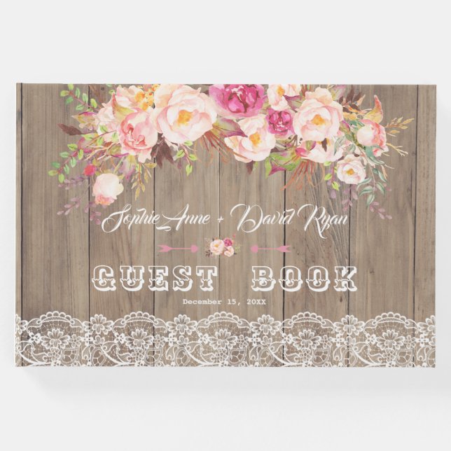 Libro De Visitas Romántico Rubor Flowers Lace Wood Boda (Anverso)