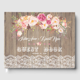 Libro De Visitas Romántico Rubor Flowers Lace Wood Boda