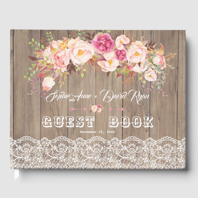 Libro De Visitas Romántico Rubor Flowers Lace Wood Boda (Anverso)