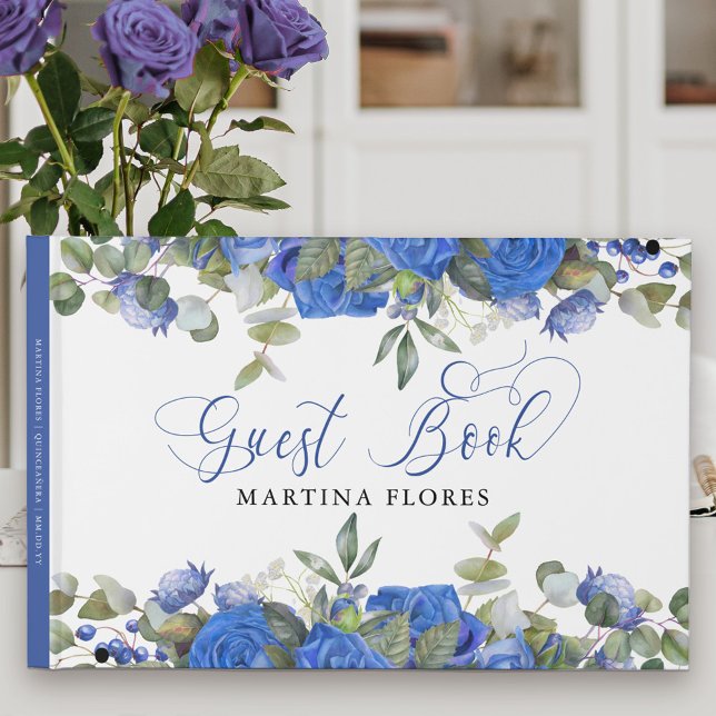 Libro De Visitas Rosa azul y eucalipto floral elegante (Blue floral Guest Book with elegant calligraphy. Lovely keepsake .. easy to customize for any event.)