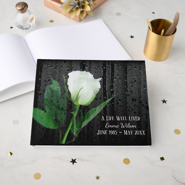 Libro De Visitas Rosa blanca con gotas de lluvia (Anverso Abierto)